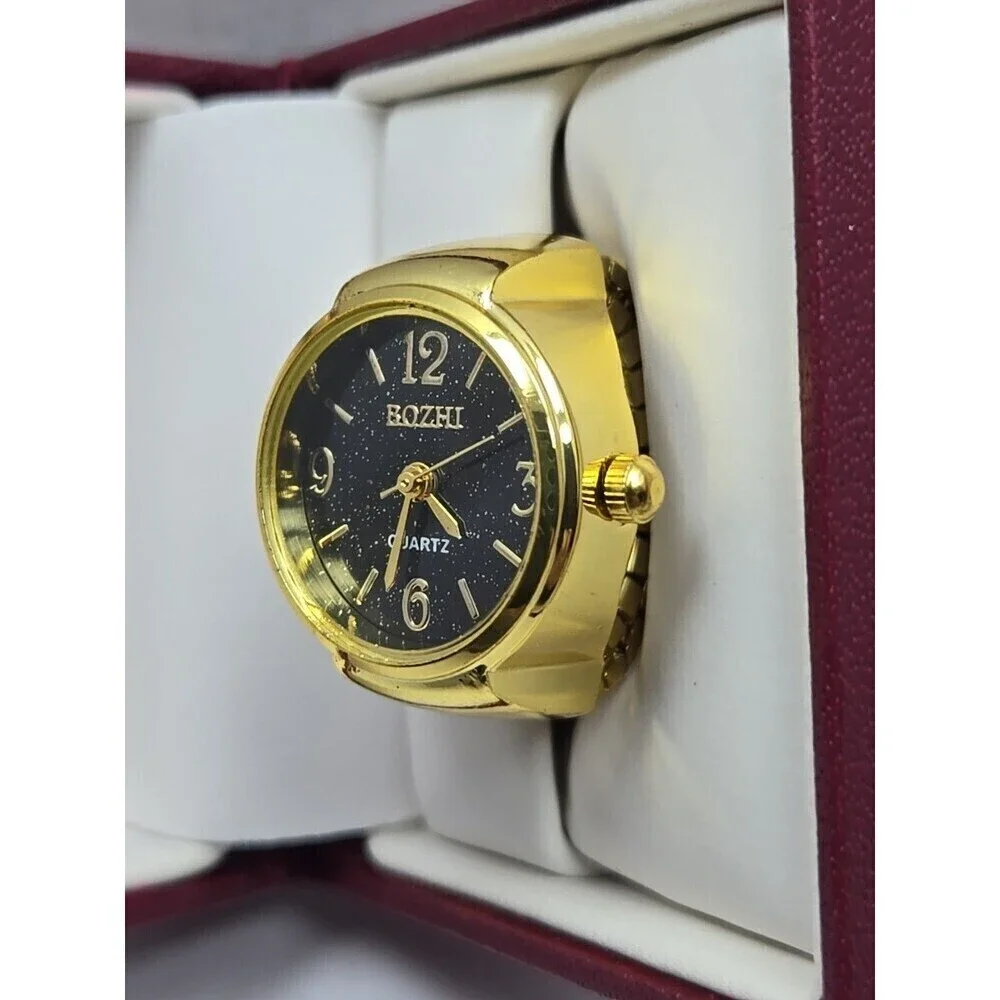 Bozhi Gold Tone Quartz Ring Watch Black Dial New Battery Retro Stretch Accessory